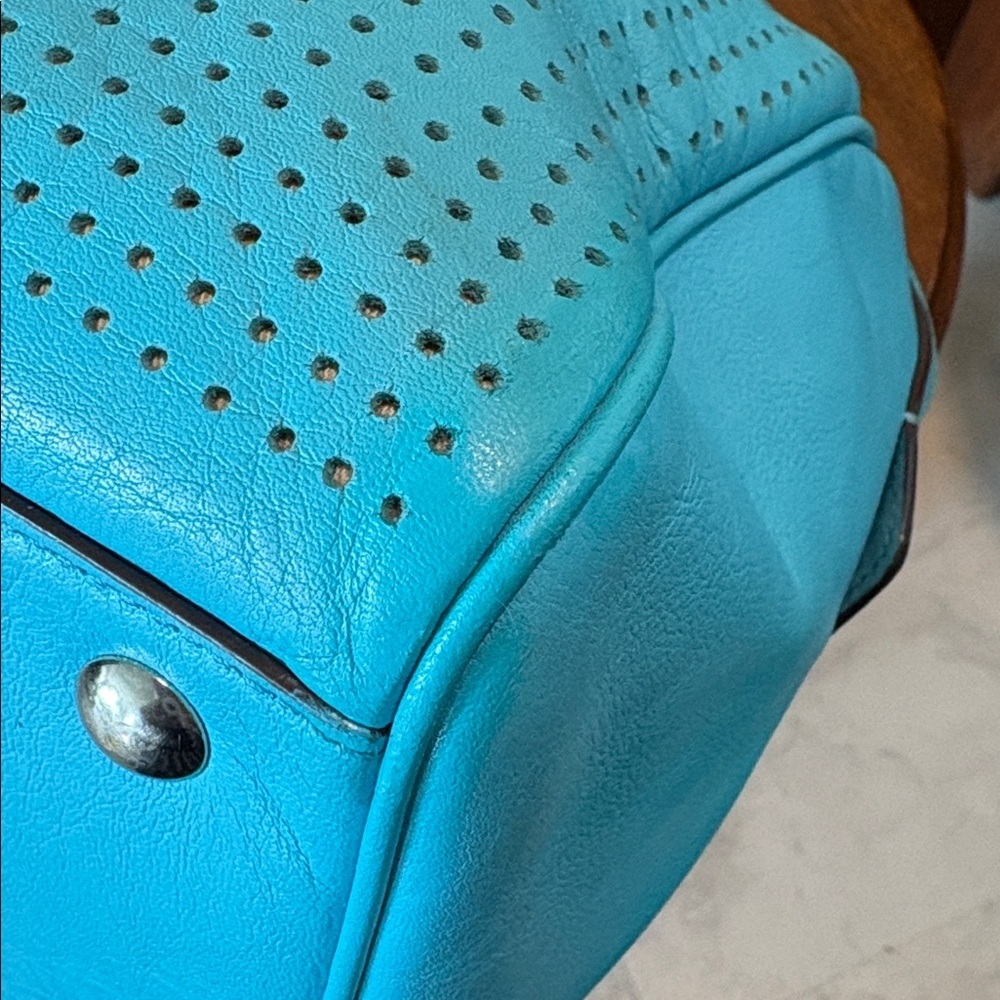 Coach perforated leather Haley Satchel turquoise/white tassels & hangtag Exce - Picture 13 of 17